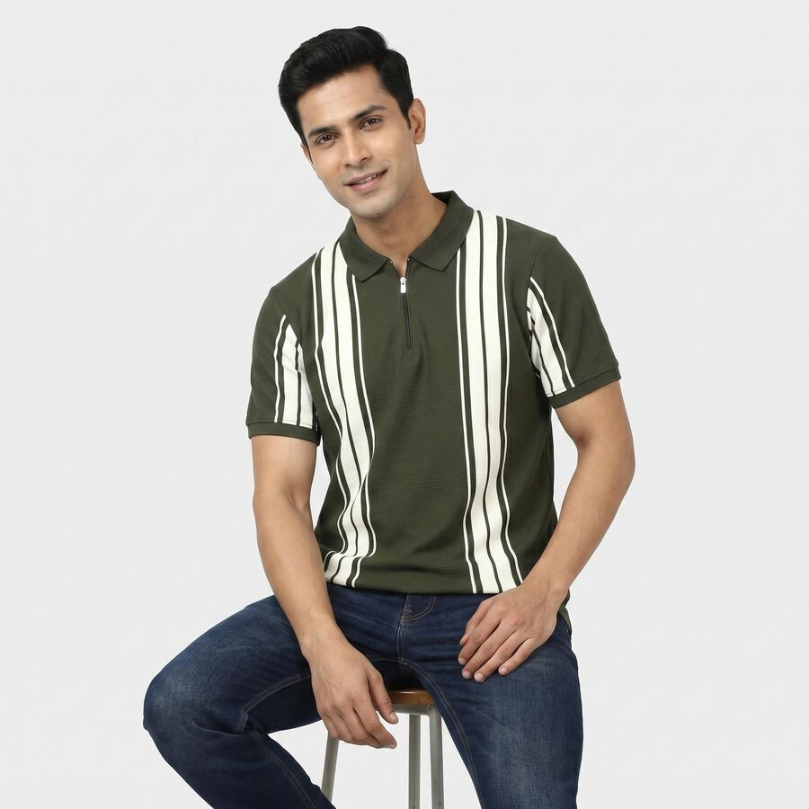 Men Olive Green Polo Neck Striped Polo T-Shirt, Olive, large
