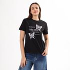 Women's Jet Black Round Neck Casual T-Shirt, काला, small