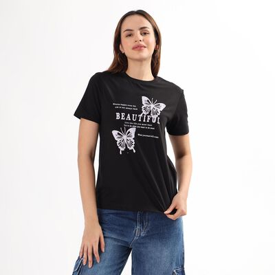 Women's Jet Black Round Neck Casual T-Shirt