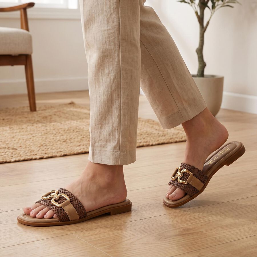 Women's Beige Chain Detail Slide Sandals, Beige, large