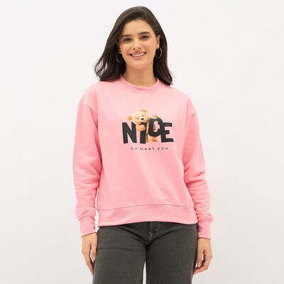 Women's Bright Pink Crew Neck Graphic Sweatshirt