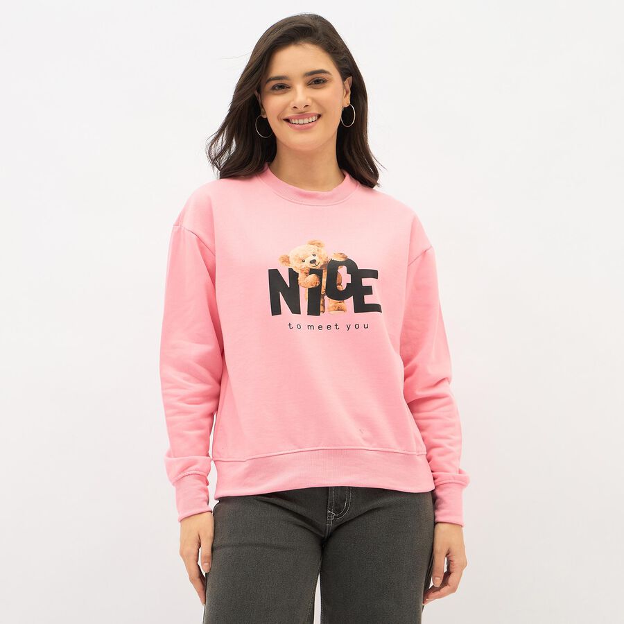 Women's Bright Pink Crew Neck Graphic Sweatshirt, गुलाबी, large image number null