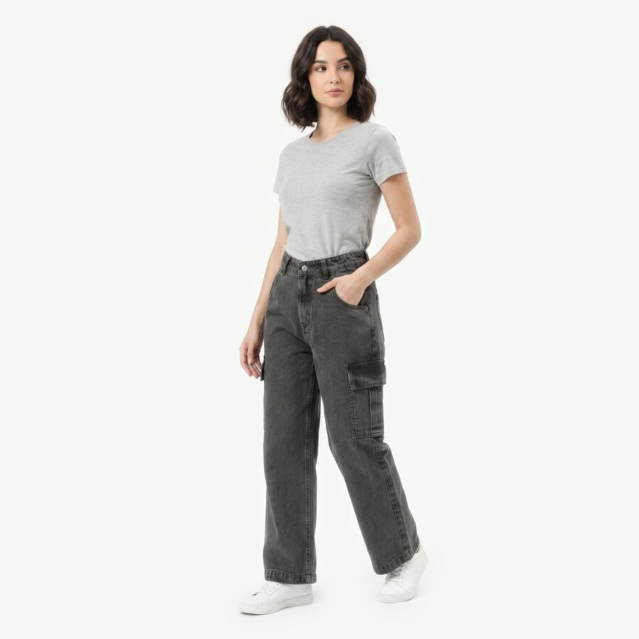 Women's Dark Grey Relaxed Fit Cargo Jeans, Dark Grey, large