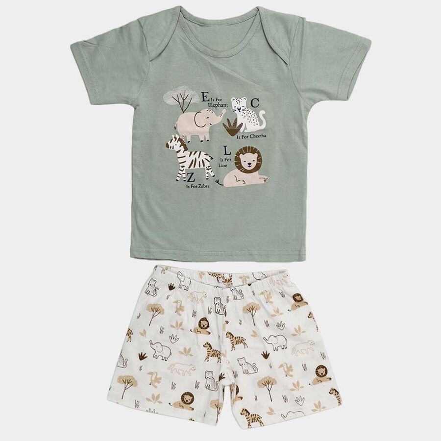 Infants' Mint Cotton Round Neck Animal Graphic Baba Suit, Light Green, large