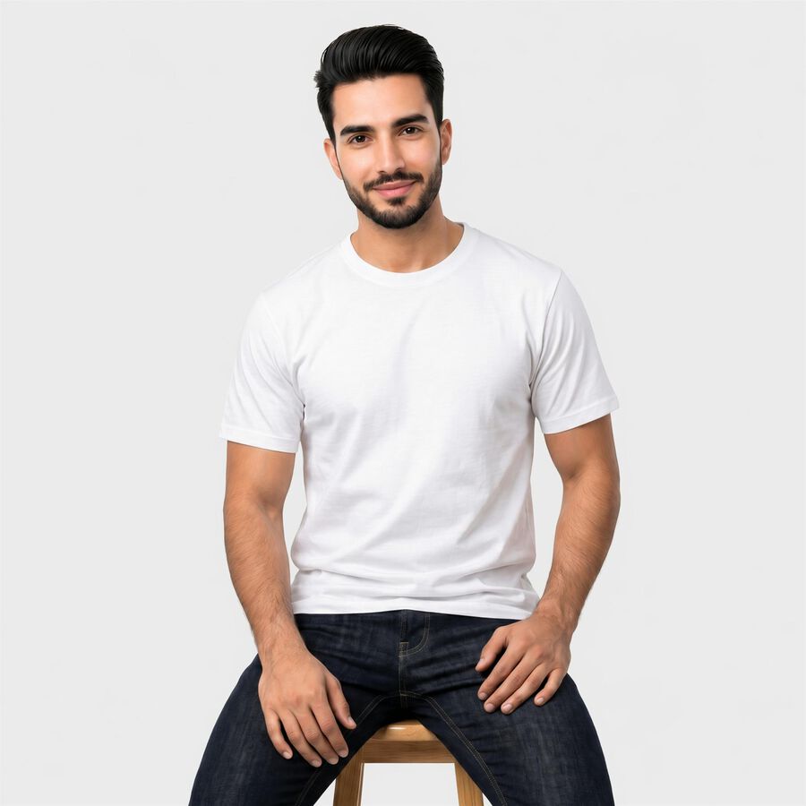 Men's White Cotton Round Neck Regular T-Shirt, सफ़ेद, large