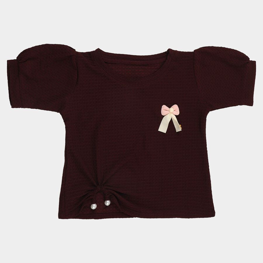 Girls' Maroon Mock Neck Ruffle Detail T-Shirt, Wine, large