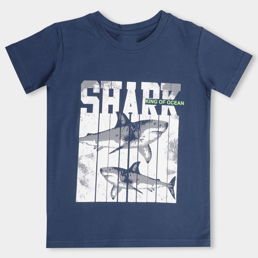 Boys' Deep Midnight Navy Blue Cotton Round Neck Graphic T-Shirt, Mid Blue, large image number null