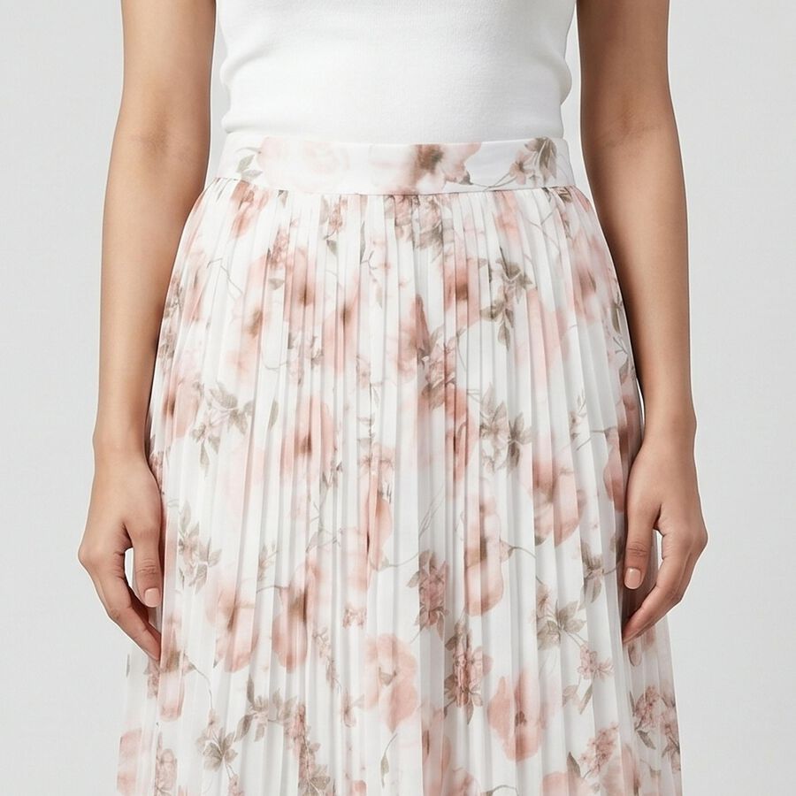 Women's Beige High-Waist Pleated Midi Skirt, Beige, large