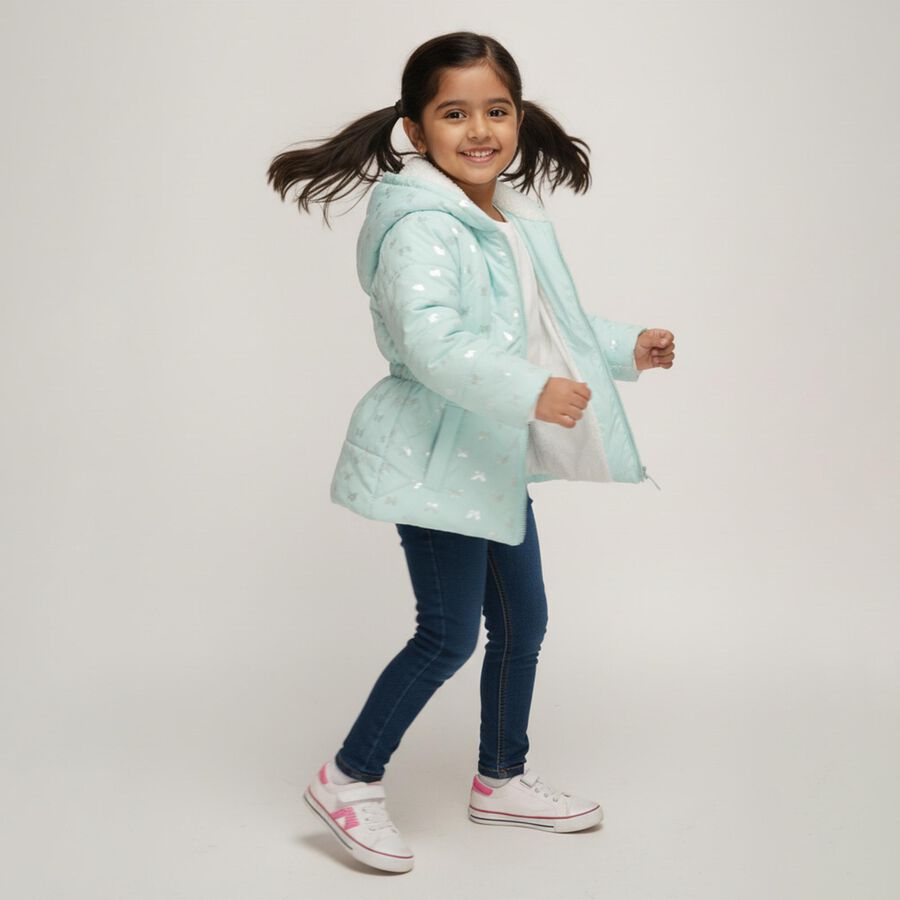 Girls Mint Green Hooded Casual Jacket, एक्वा, large image number null