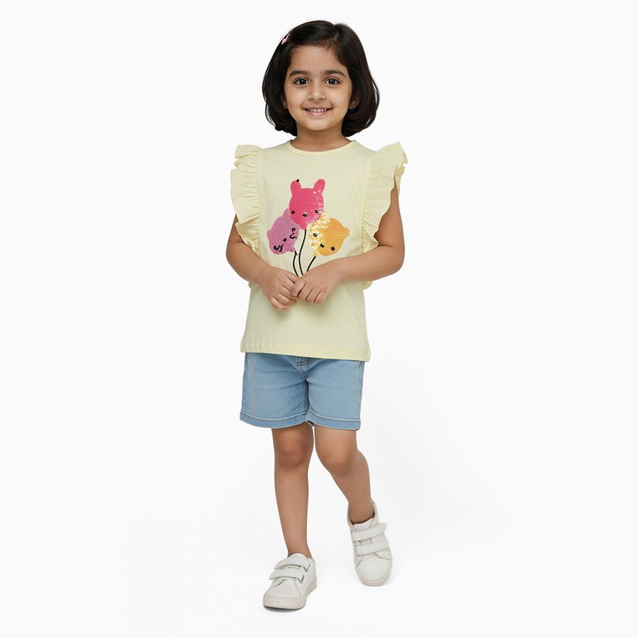 Girls Light Yellow Cotton Round Neck Casual T-Shirt, पीला, large image number null