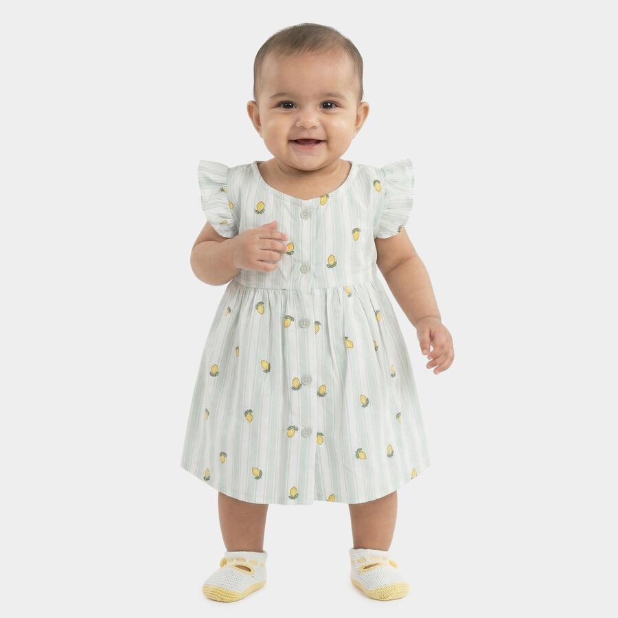 Infants' White and Light Green Lemon Print Ruffle Sleeve Cotton Frock, Light Green, large