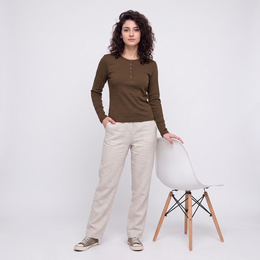Women Olive Green Cotton Blend Round Neck Regular Top, ओलिव, large