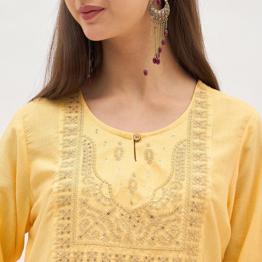Women's Bright Mustard Yellow Round Neck Embroidered Kurta, Yellow, large