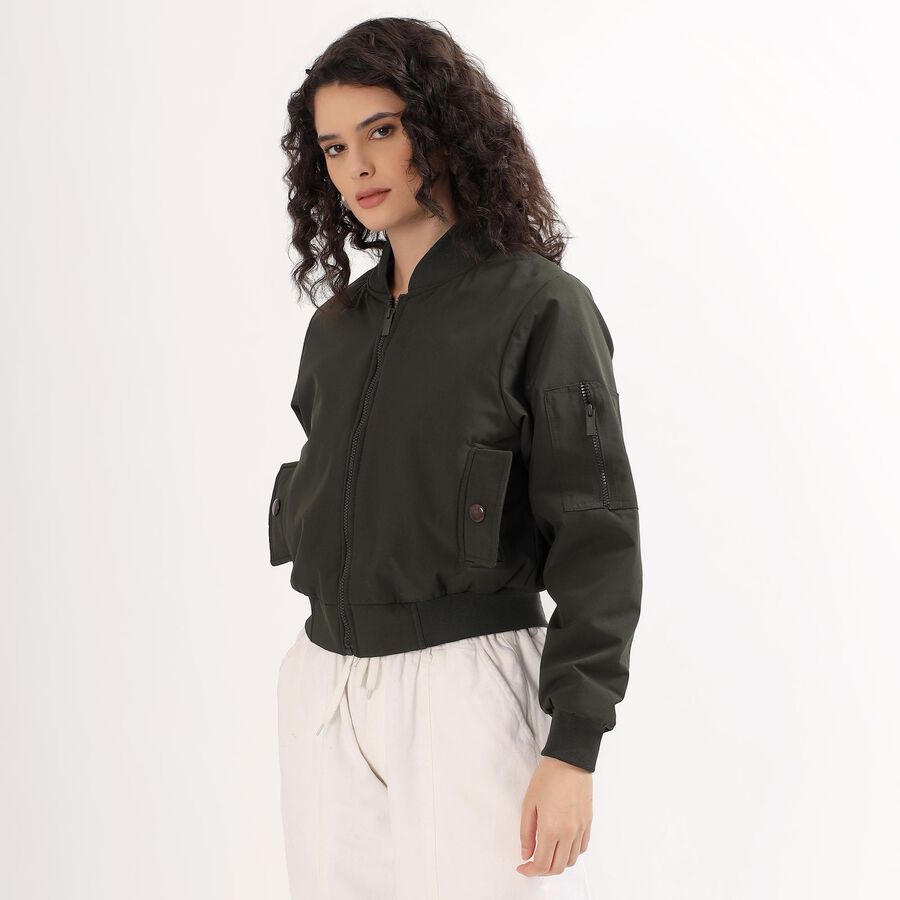 Women's Dark Olive Green Zip Bomber Jacket, Olive, large image number null