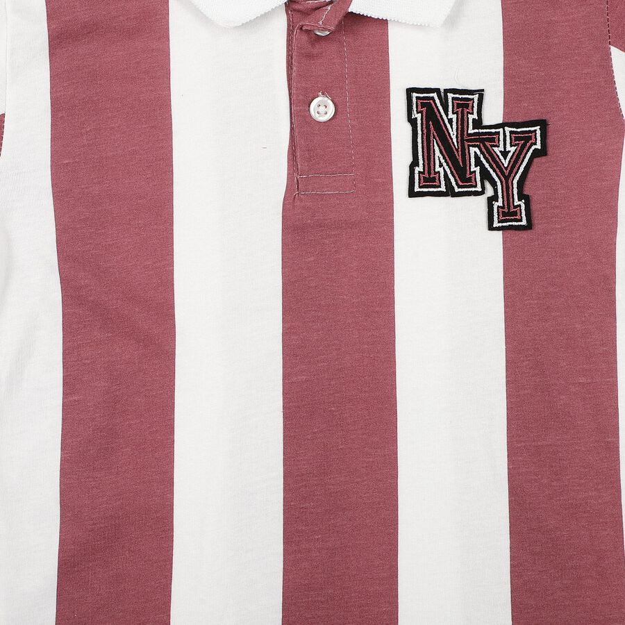 Boys Pink Cotton Polo Neck Striped T-Shirt, Pink, large