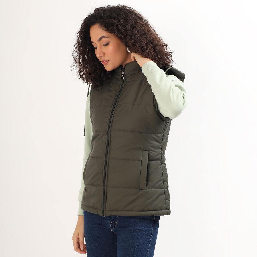 Women's Olive Hooded Sleeveless Puffer Jacket, Olive, large image number null