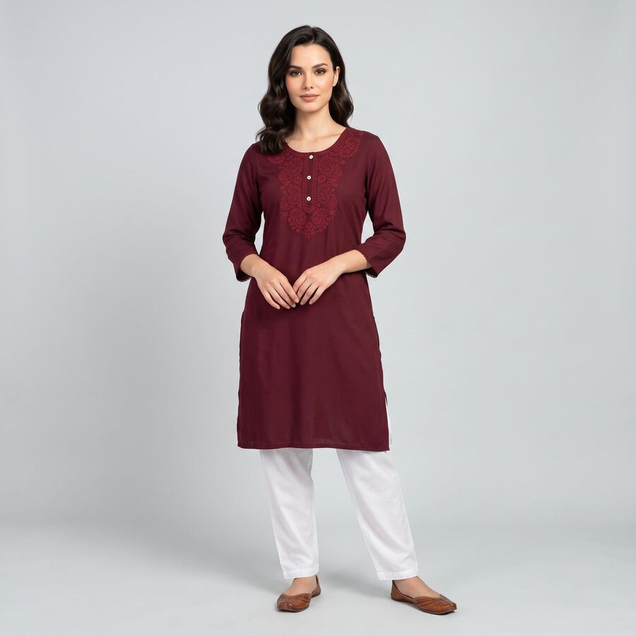 Women's Wine Round Neck Embroidered Kurta, Wine, large