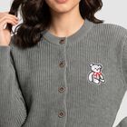 Women's Grey Round Neck Button-Front Cardigan, गहरा ग्रे, small