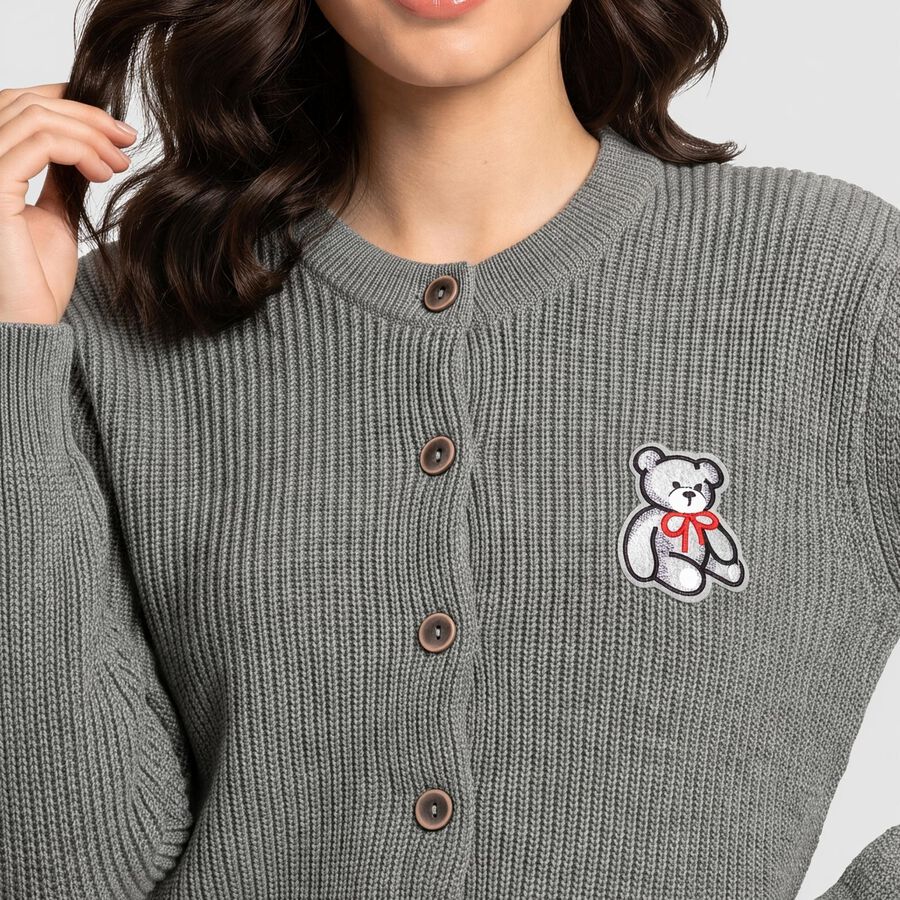 Women's Grey Round Neck Button-Front Cardigan, गहरा ग्रे, large
