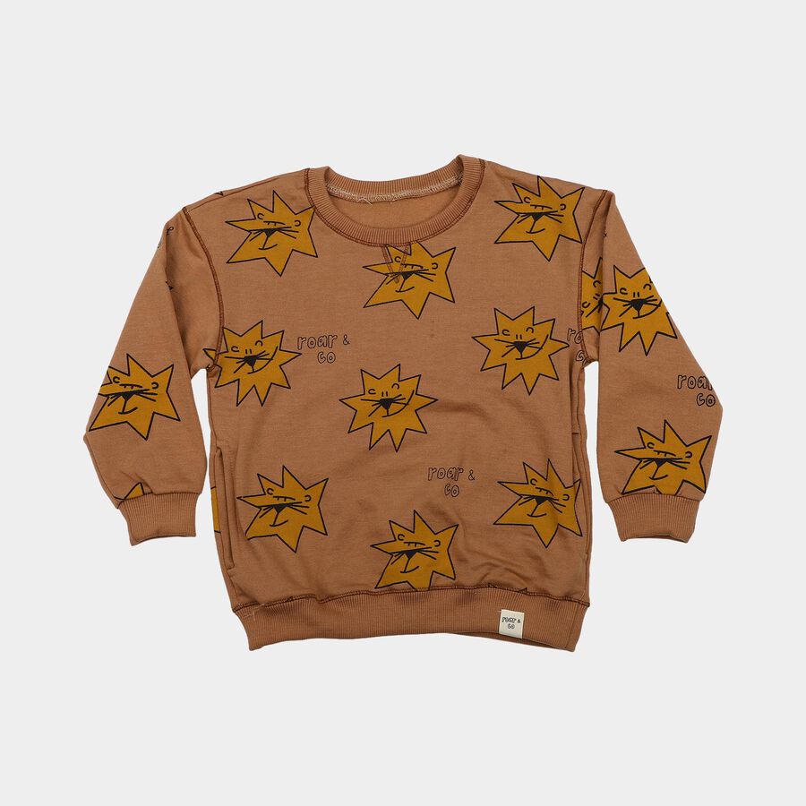 Boys' Beige Round Neck Pullover Sweatshirt, गहरा पीला, large