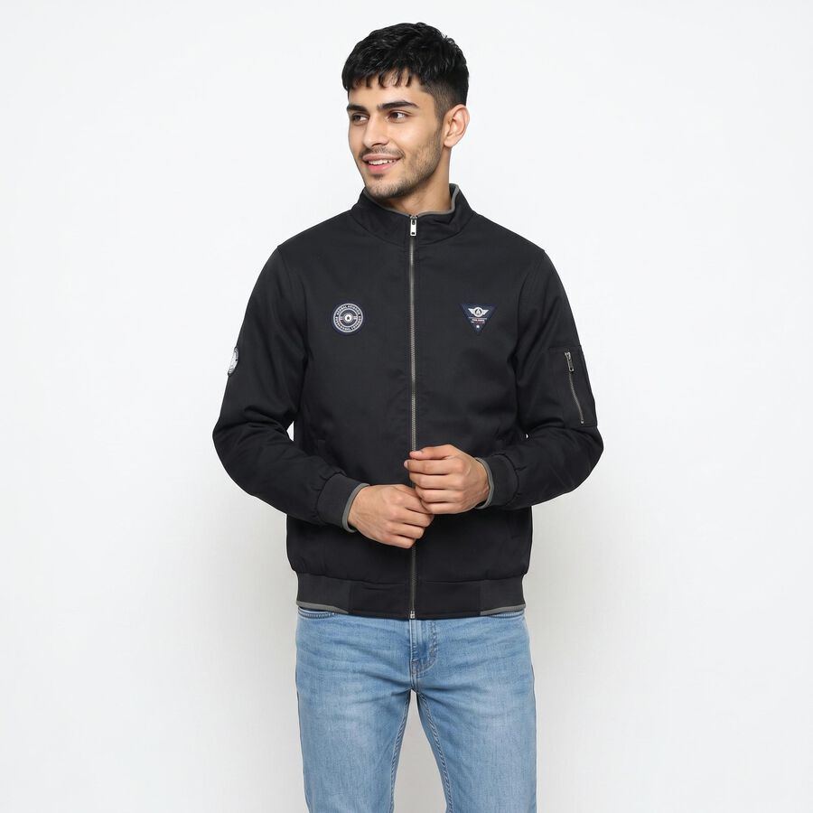 Men's Navy Blue Stand Collar Bomber Jacket, Navy Blue, large