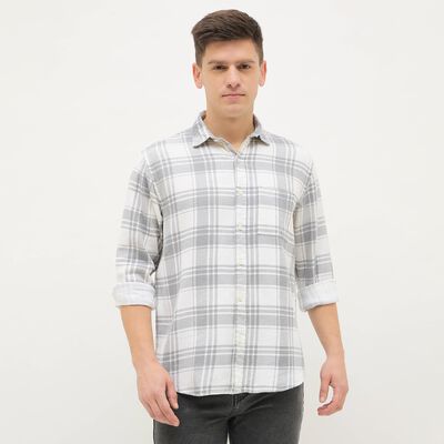 Men's Light Grey Cotton Spread Collar Casual Shirt