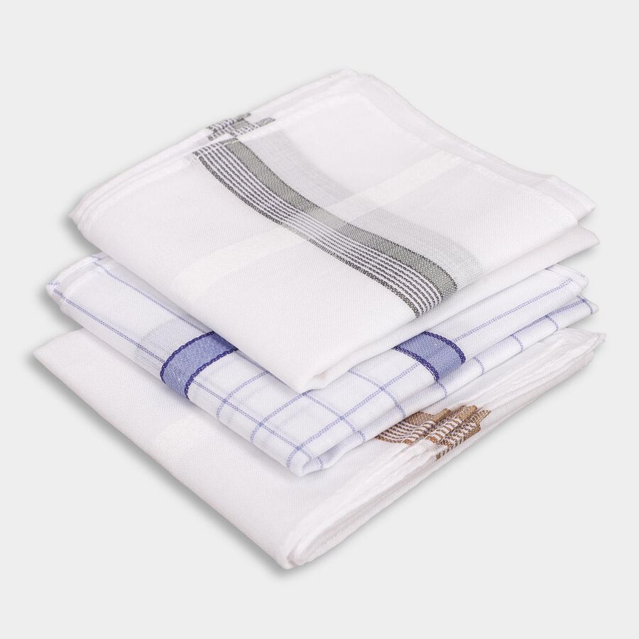 Men's White Cotton Checkered Handkerchief Pack of 3, Light Blue, large image number null