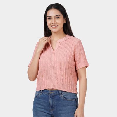 Women's Pink Round Neck Puff Sleeve Textured Top