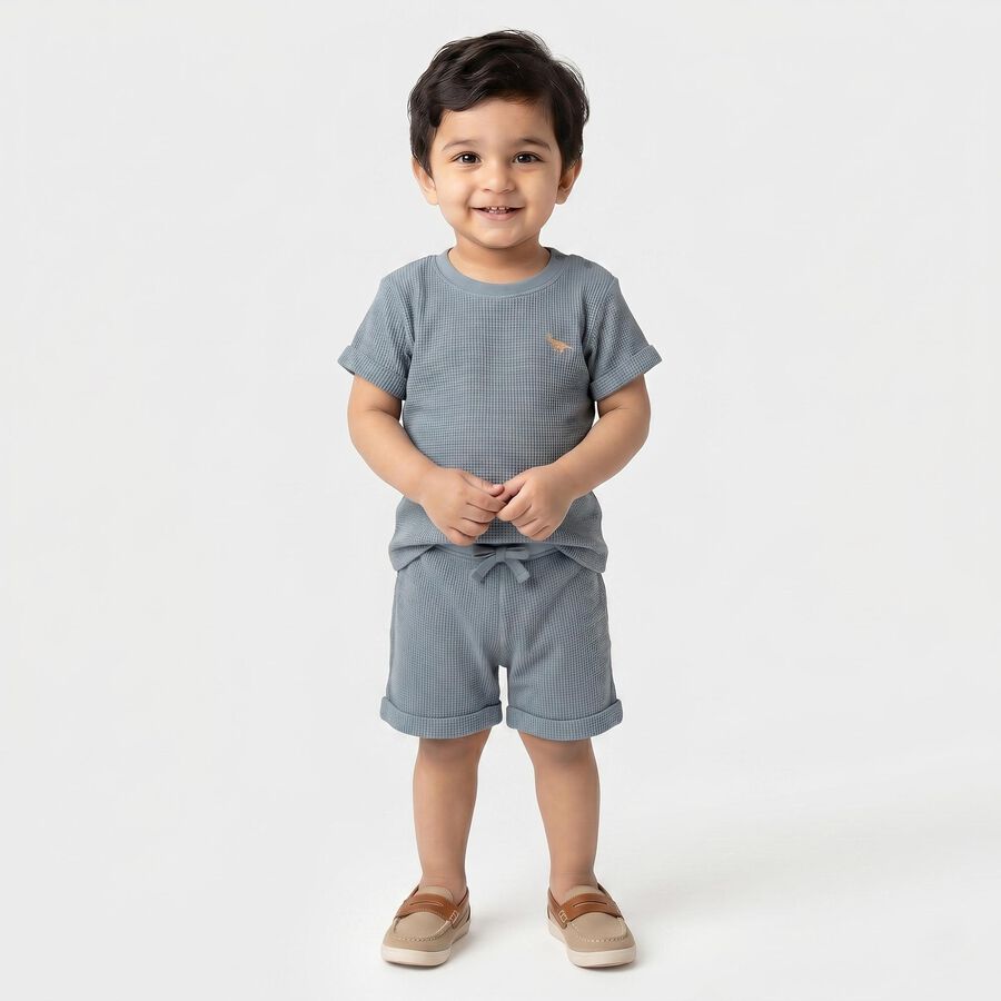 Infants' Light Blue 100% Cotton Round Neck Embroidered Baba Suit, Teal Blue, large