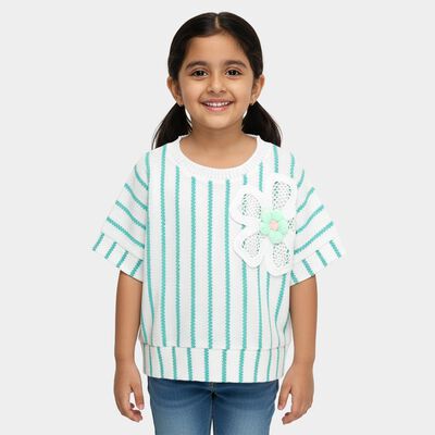 Girls Light Teal and White Round Neck Casual T-Shirt