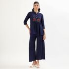 Women's Deep Midnight Navy Blue Cotton Embroidered Ethnic Set, Navy Blue, small image number null