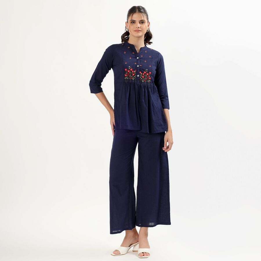 Women's Deep Midnight Navy Blue Cotton Embroidered Ethnic Set, Navy Blue, large image number null
