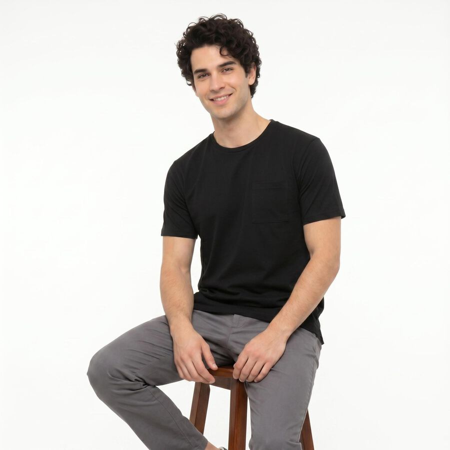 Men's Black Cotton Round Neck Regular T-Shirt, Black, large