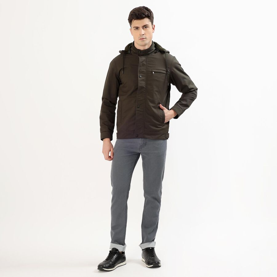 Men's Dark Olive Hooded Casual Jacket, Dark Green, large image number null