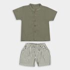 Infants' Olive Cotton Mandarin Collar Striped Baba Suit, Olive, small