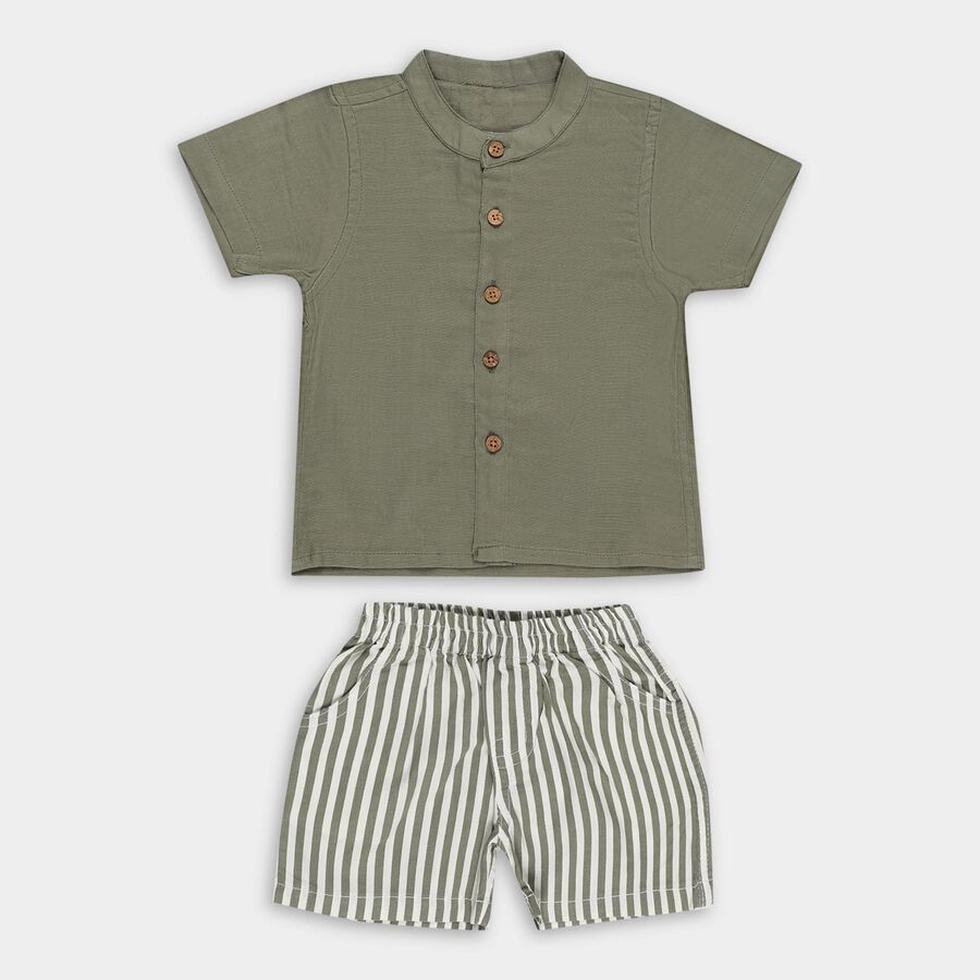Infants' Olive Cotton Mandarin Collar Striped Baba Suit, Olive, large