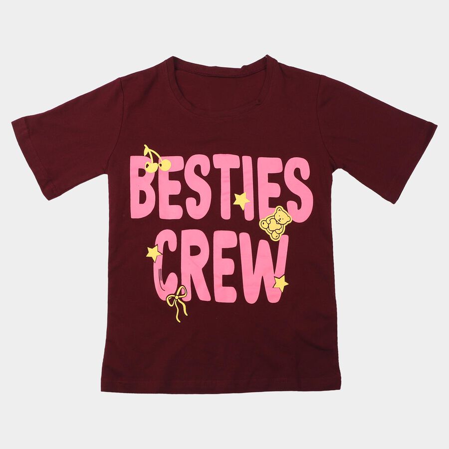 Girls Wine Round Neck Regular T-Shirt, Wine, large