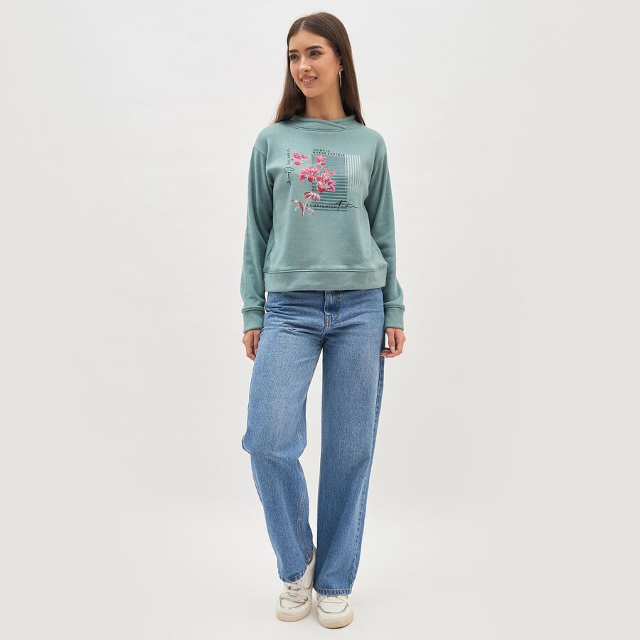 Women's Light Sage Green Crew Neck Casual Sweatshirt, हल्का हरा, large image number null
