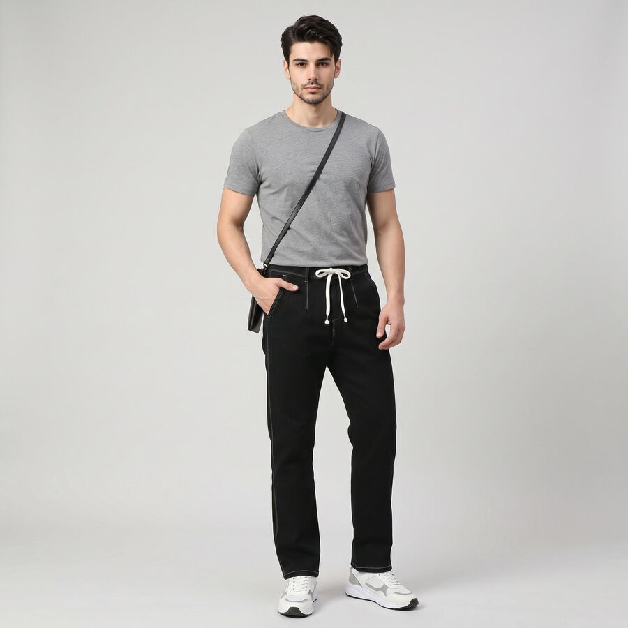 Men's Black Straight Fit Drawstring Jeans, काला, large