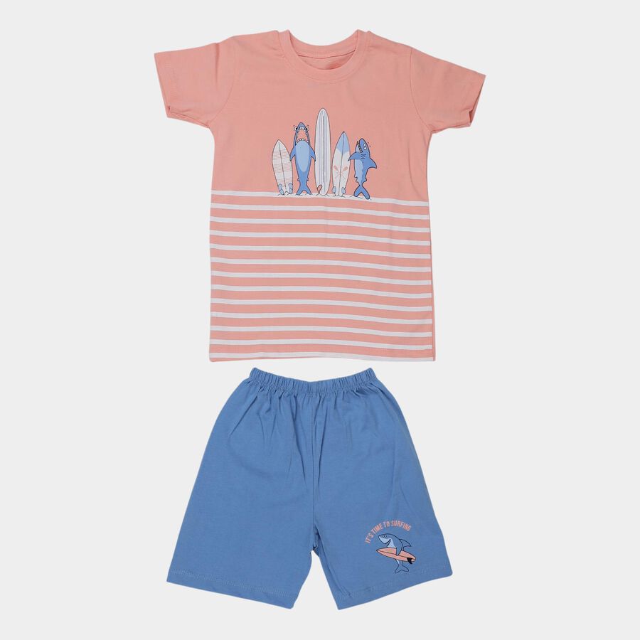 Boys' Coral Cotton Round Neck Cartoon Printed Baba Suit, Coral, large