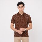 Men's Brown Cotton Polo Neck Printed T-Shirt, भूरा, small