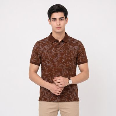 Men's Brown Cotton Polo Neck Printed T-Shirt