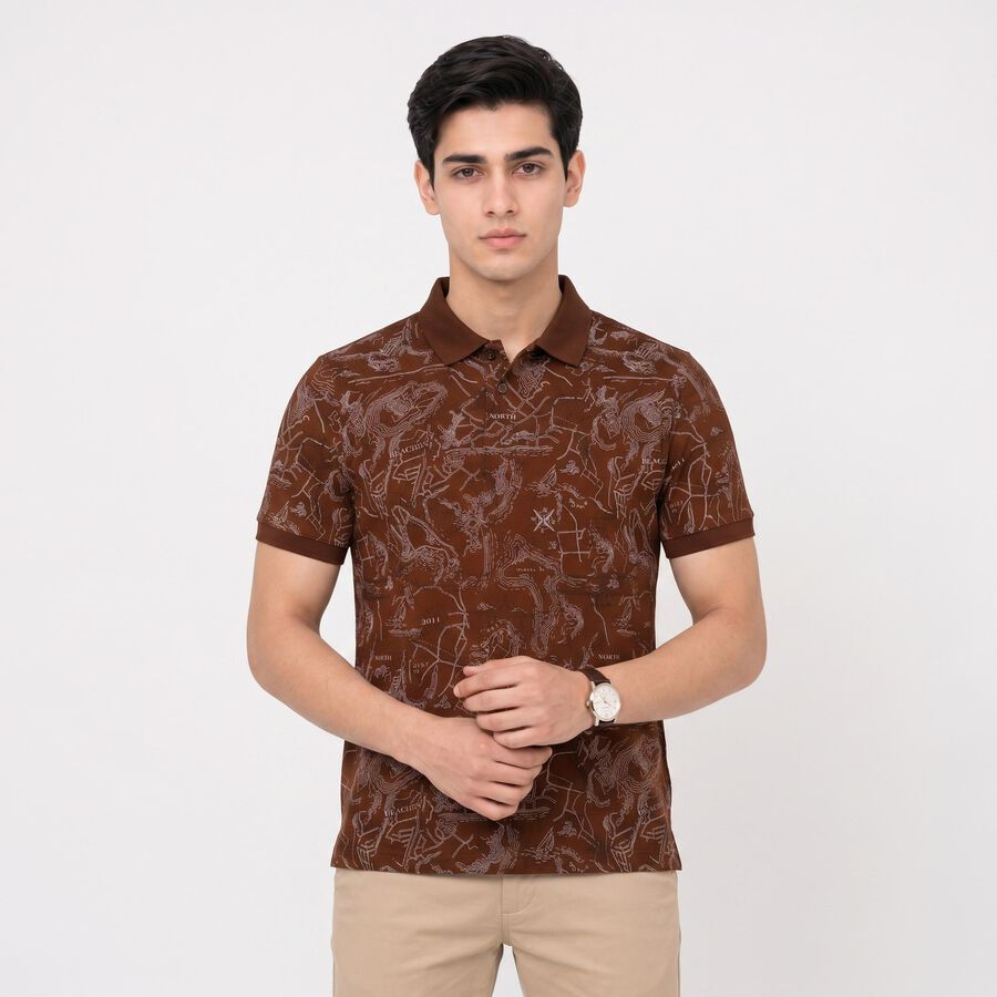 Men's Brown Cotton Polo Neck Printed T-Shirt, भूरा, large