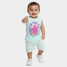Infants' Mint Green Cotton Round Neck Printed Shorts Set, Light Green, small