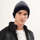 Men's Grey and Navy Blue Textured Winter Cap, Navy Blue, small image number null