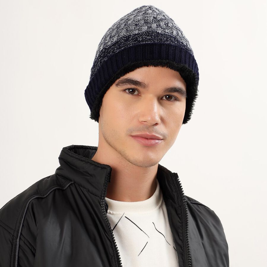 Men's Grey and Navy Blue Textured Winter Cap, Navy Blue, large image number null