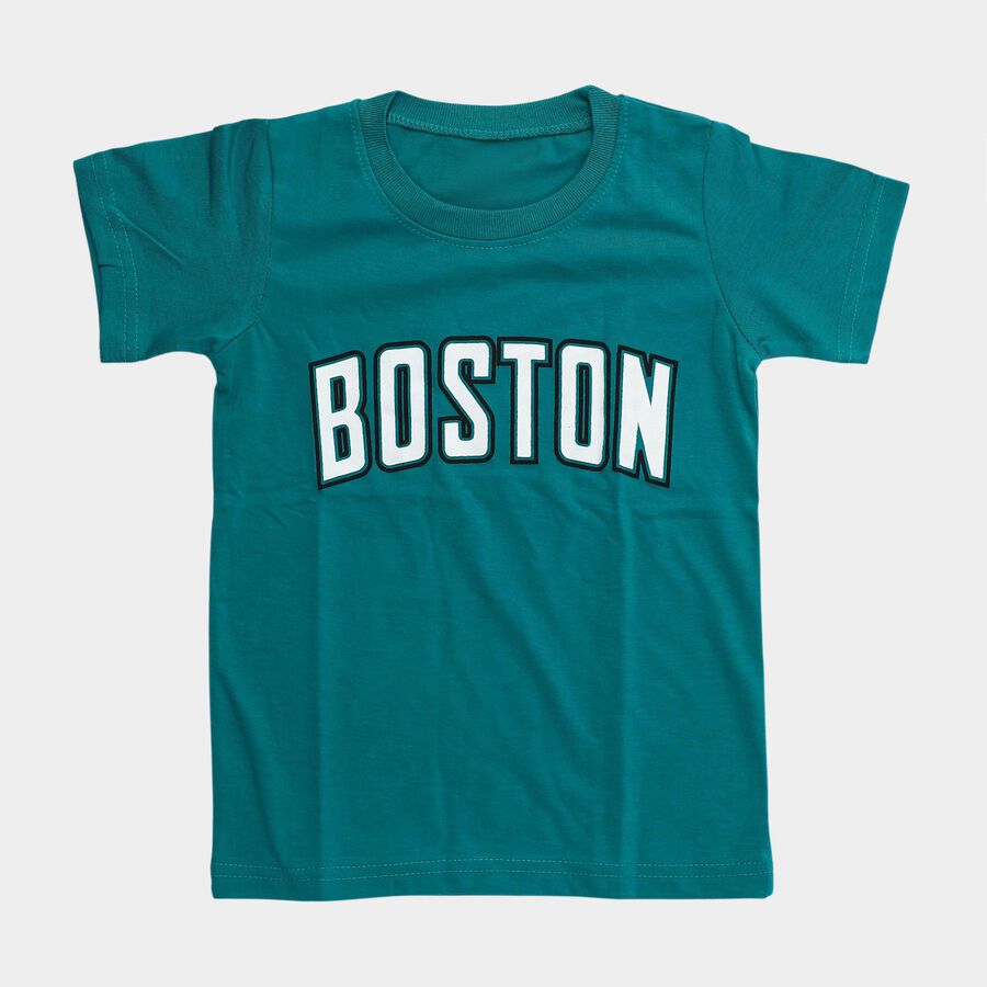 Boys Teal Green Crew Neck Casual T-Shirt, Dark Green, large