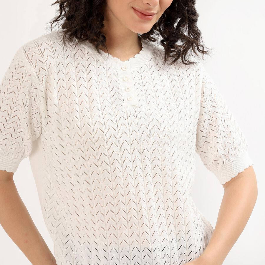 Women's Rich Eggshell White Buttoned Round Neck Casual Top, सफ़ेद, large