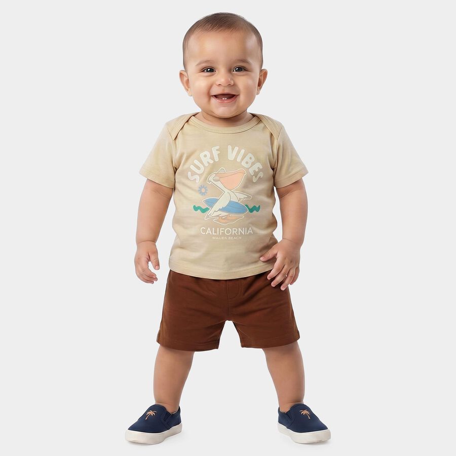 Infants' Beige 100% Cotton Crew Neck Graphic Print Baba Suit, Beige, large