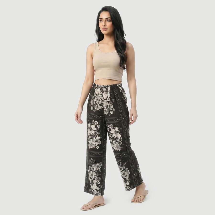Women's Black Straight Fit Floral Printed Pyjama, काला, large